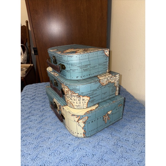 Jewellkeeper World Map Paperboard Nesting Suitcase Storage Boxes Set of 3 - Picture 2 of 9